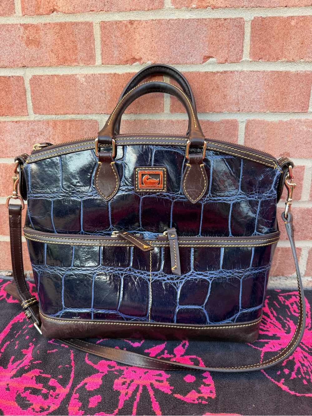 Dooney & Bourke Navy Croc-Embossed Leather Briefcase with Brown Trim